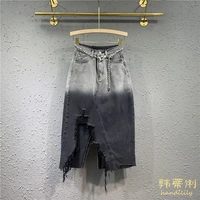2021 summer new retro high waist irregular tie dye gradient denim skirt hole fork package hip skirts faldas mujer moda