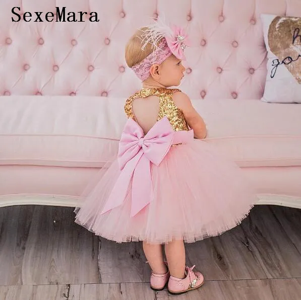 Glitter pink ball gown tutu princess baby 1 year Birthday party dresses bling Golden sequins keyhole back bow flower girl dress | Детская