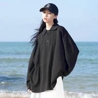 long sleeved polo shirt korean thin sweatshirtwomens mid length solid color harajuku style loose pullover student simple top