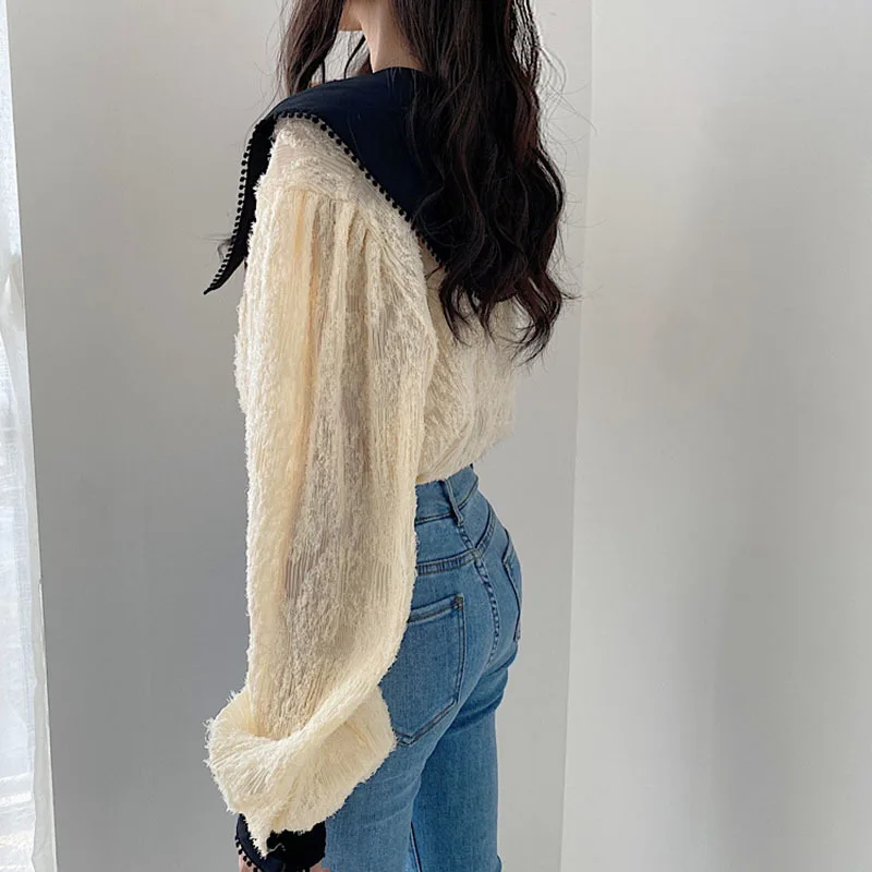 

SHENGPALAE Chic Patchwork Contrast Color Blouse Women's Spring 2021 New Peter Pan Collor Pearl Button Loose Long Sleeve Shirt