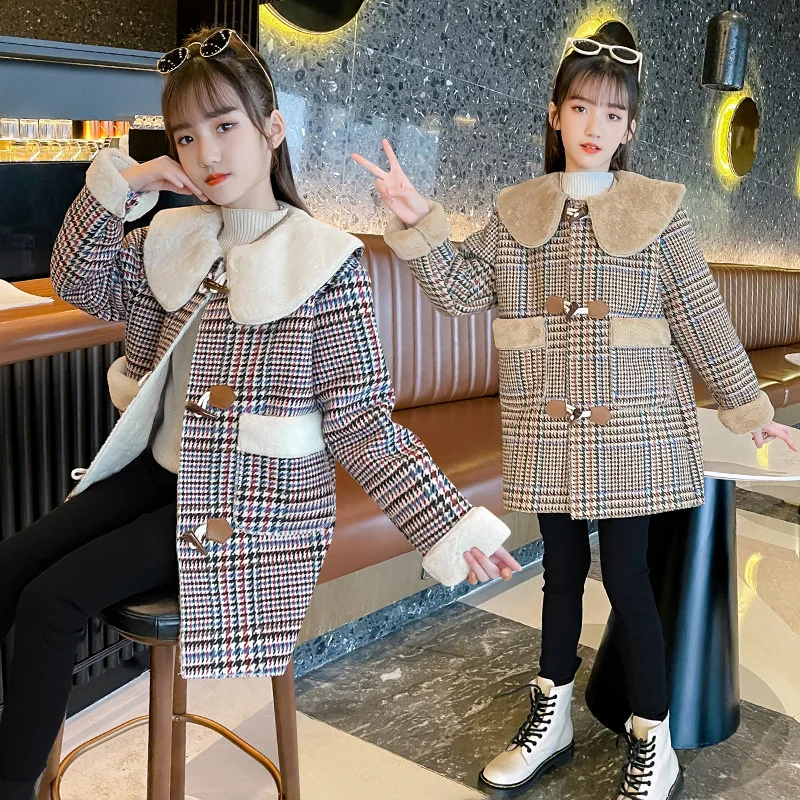 

Girls Boys Woolen Coat Jacket Cotton Outwear 2022 High Quality Warm Thicken Plus Velvet Winter Teenager Furs School Children's C