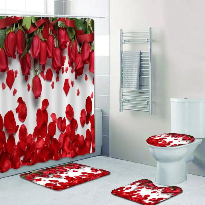 

4-piece set of holiday happy shower 3D digital printing curtain floor toilet mat combination Valentine’s day romantic rose style