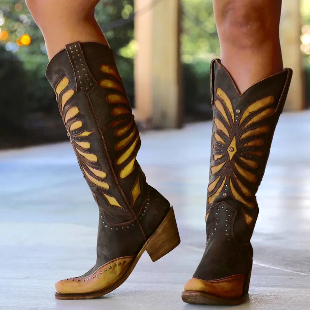 Women Vintage Booties Flats Square Head Low-heeled Western Rodeo Slip-On Boots Motorcycle Western Cowboy Boots Women Short Shoes