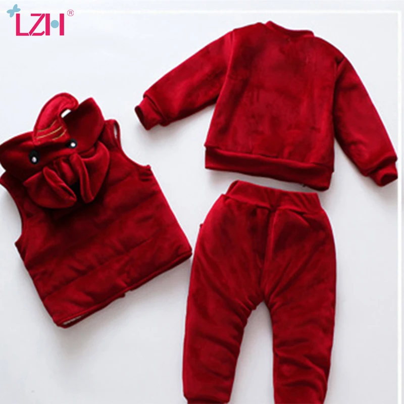 

LZH 2021 Autumn Winter Cartoon Elephant Baby Girls Sets 3pcs Sets For Baby Boys Children's Hooded Gold Velvet Sweater 1-3 Years