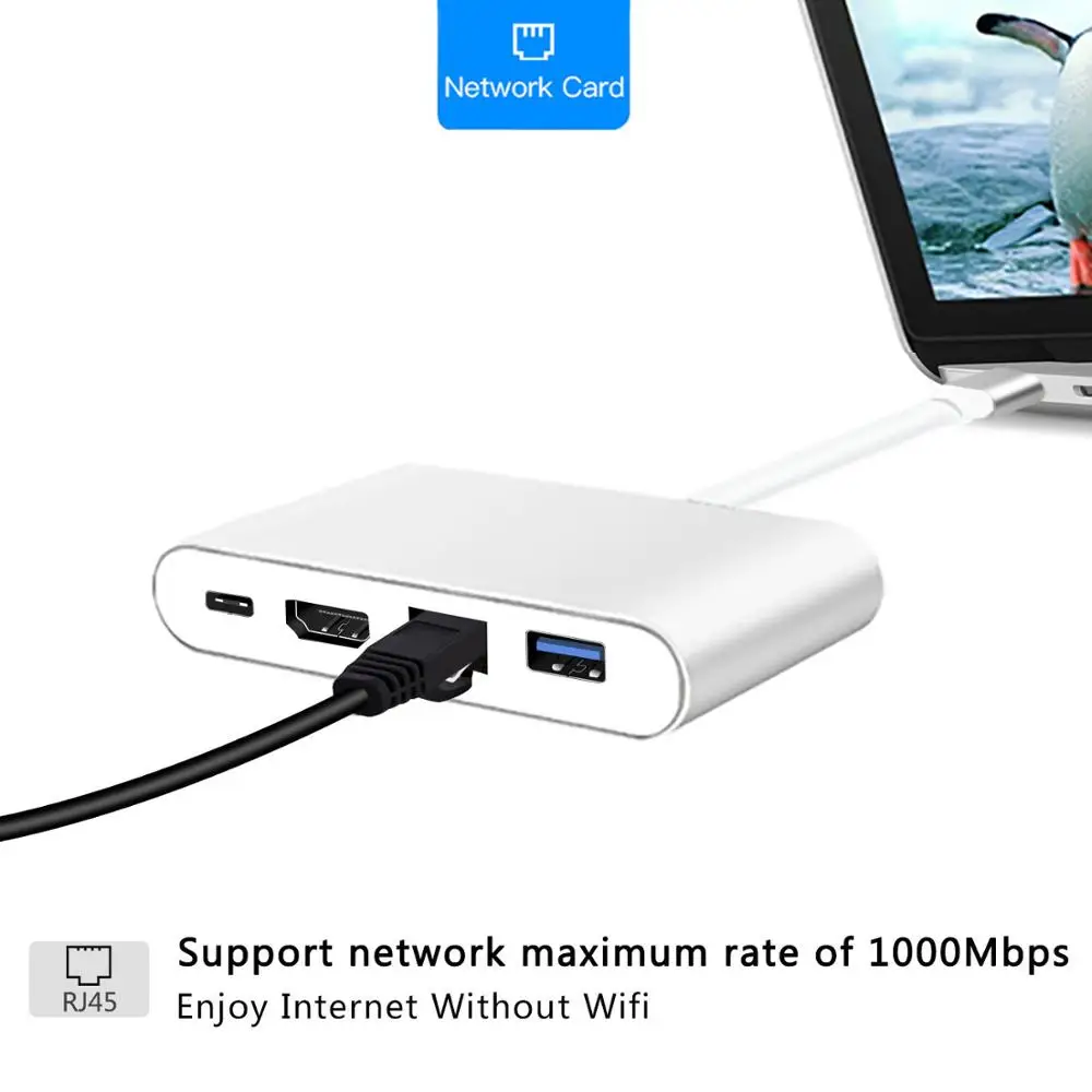 4 в 1 адаптер USB 3 Type C HDMI 4K + Gigabit Ethernet RJ45 0 мультипортовый конвертер разветвитель для