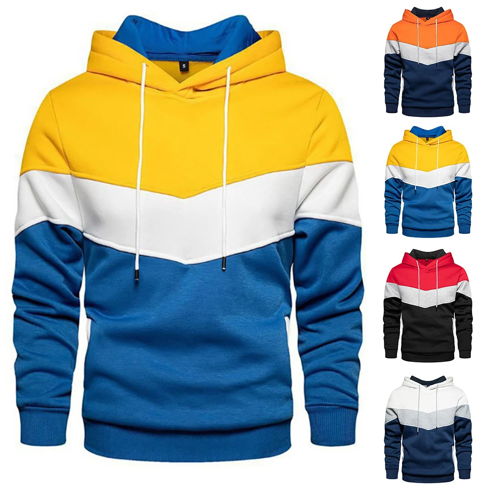 

2022 New Men's Hooded Drawstring Colorblock Casual Long Sleeve Knit Fashion Spring/Autumn Pullover Splice Outwear Modern Outwear
