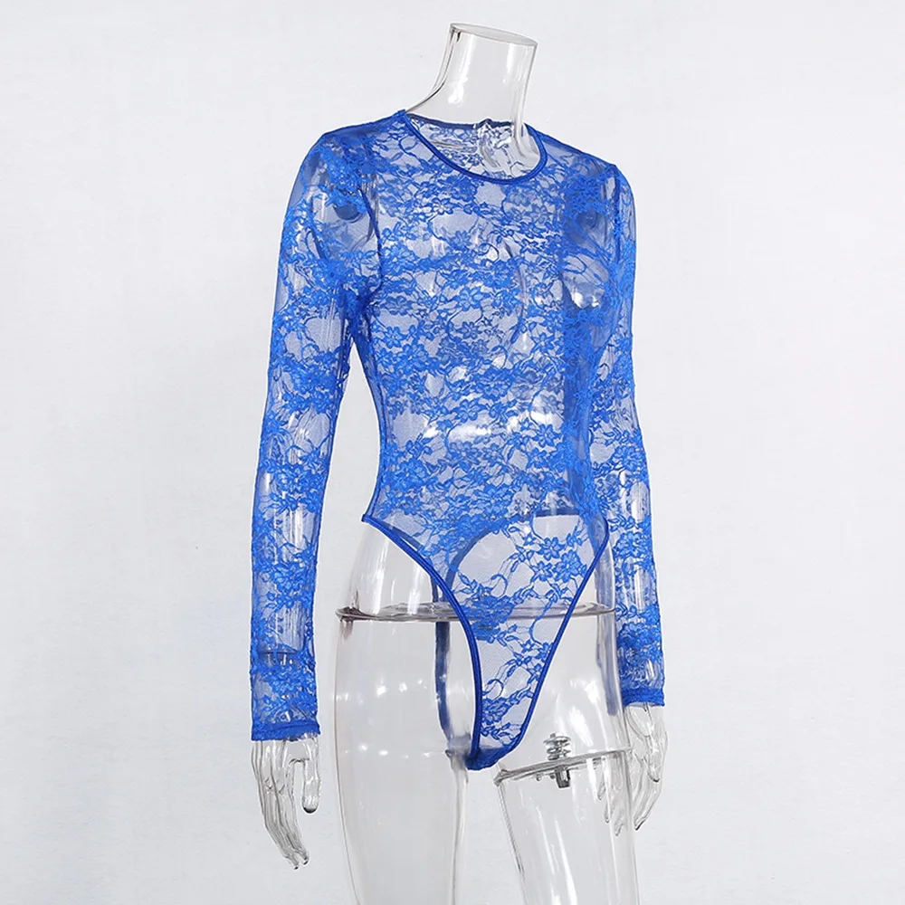 

Sexy Women Underwear Floral Embroidery Sheer O-Neck Long-Sleeves Lace High-Waist Tight Playsuit With Crotch Button For Girls