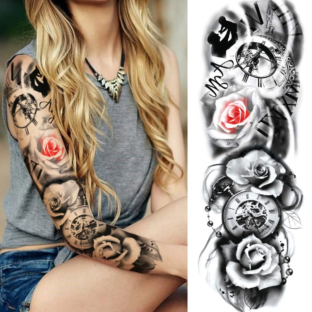 Sexy Long Full Arm Rose Clock Temporary Tattoos For Men Women Tatoo Body Leg Art Makeup Large Tiger Flower Fake Tattoo Stickers