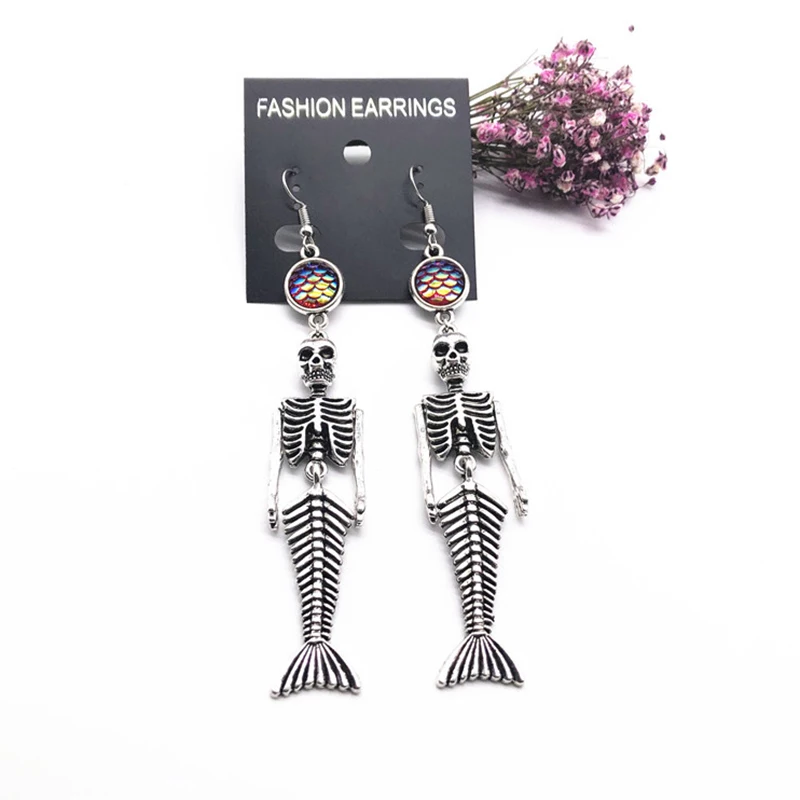 Модные серьги в виде черепа на Хэллоуин чешуя Русалки винтажные капли для женщин ювелирные изделия