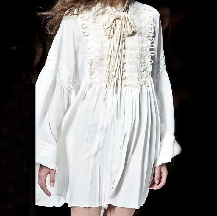 

2020 Runway Lantern Sleeve Vintage Pearl Button Female Mini Luxury Designer White Retro Shirt Dress Women