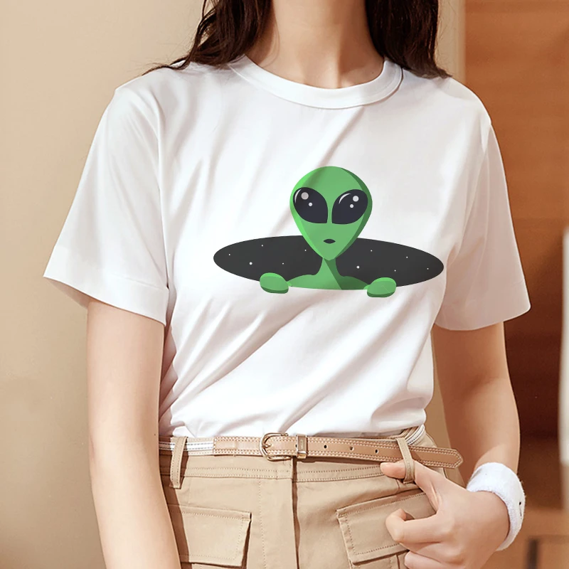 Poleras Mujer De Moda 2020 летняя тонкая секция белая футболка Harajuku Kawaii Green Alien Fun Футболка