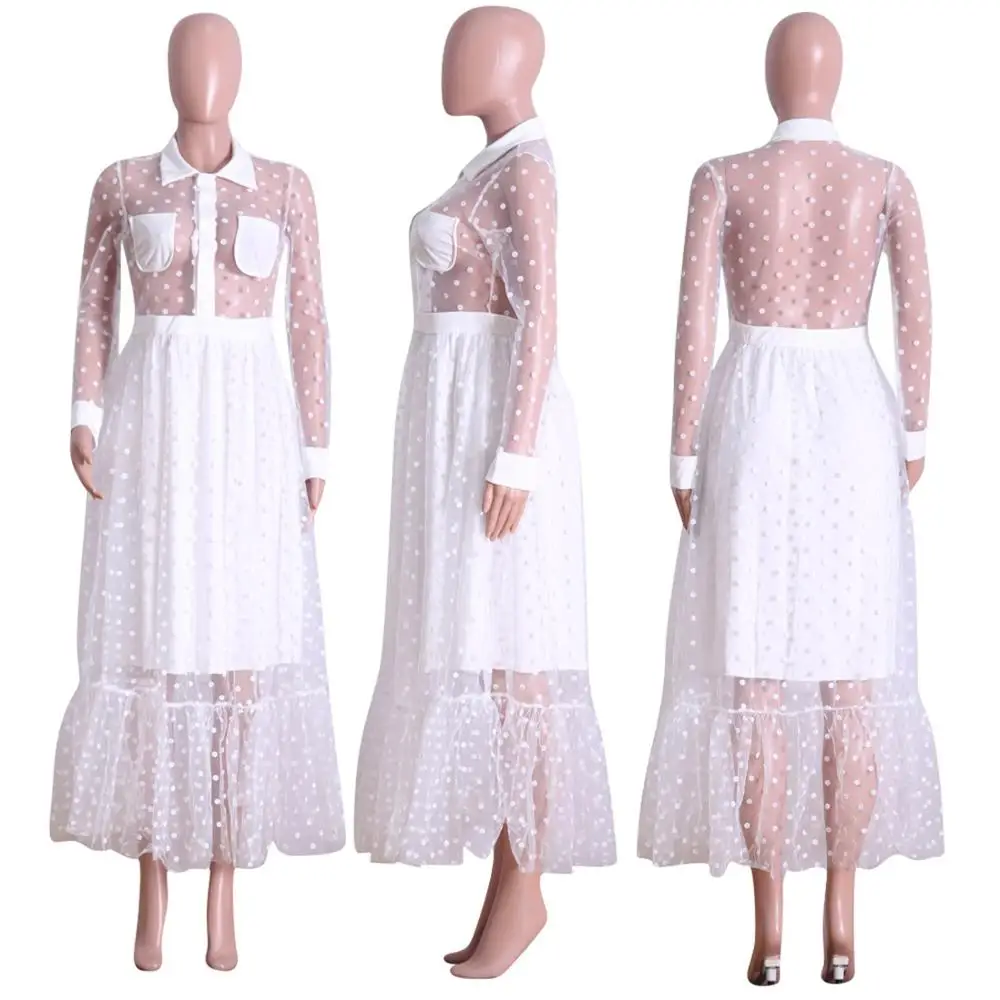 Платье в горошек с сеткой сексуальное для ночного клуба длинное спереди на