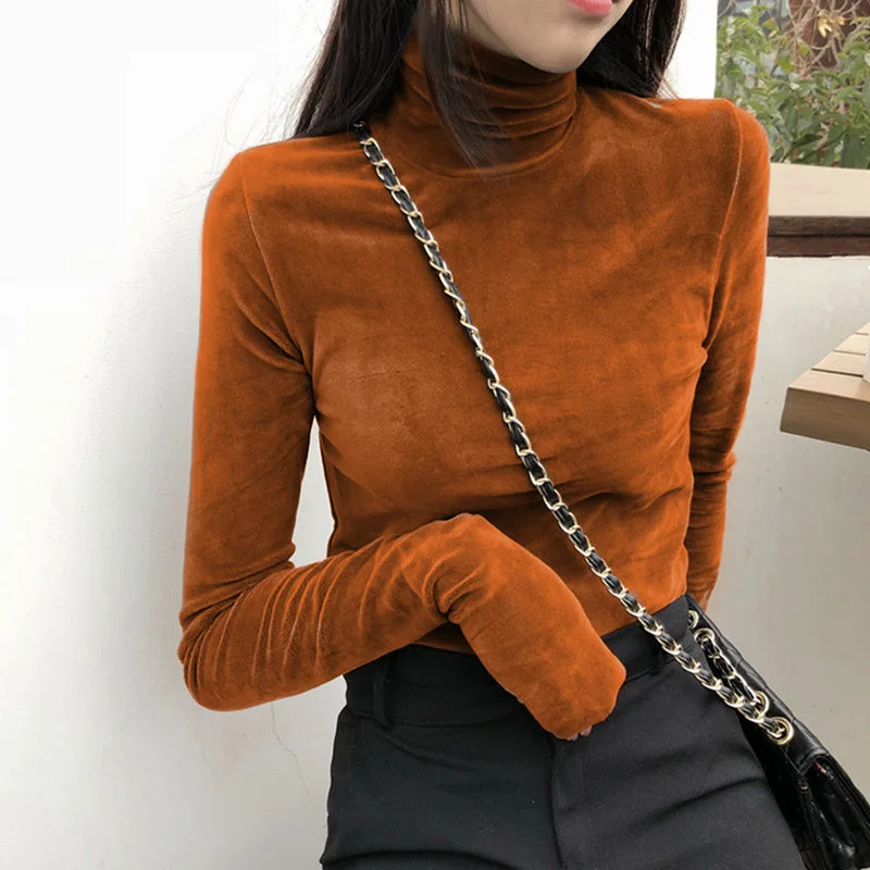 

Turtleneck Velvet Tops Women Long Sleeve T Shirts Solid Color 2021 spring Autumn Velour T-Shirts Women Basic Shirt