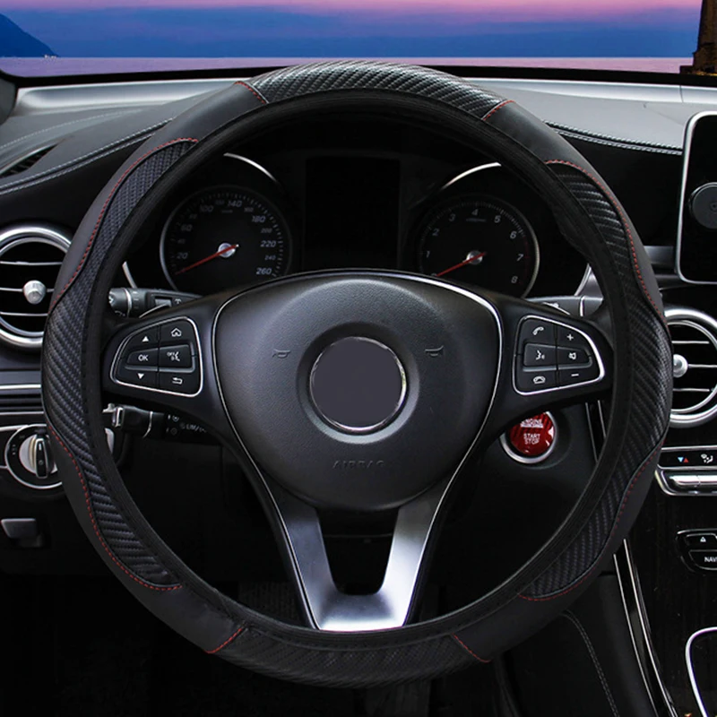 

Auto Interior Breathable Anti Slip 37-38cm Car Steering Wheel Cover PU Leather Covers Carbon Fiber Steering Cover Car Parts