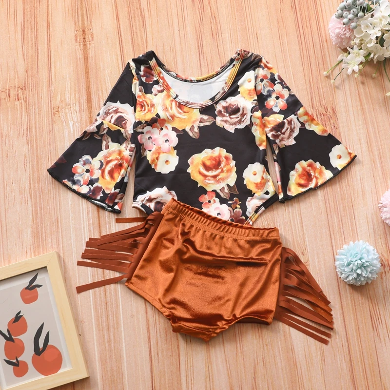 

Baby Kids Girls Children Clothing Trumpet Sleeves Tops + Fringed Triangle Shorts Suit