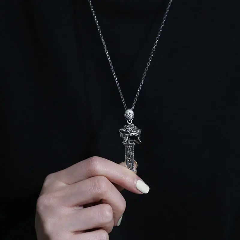 Ожерелье из стерлингового серебра 925 "Wake Up Lion" с китайским подвеской в стиле ретро "Танец зверей" для привлечения удачи и благополучия.