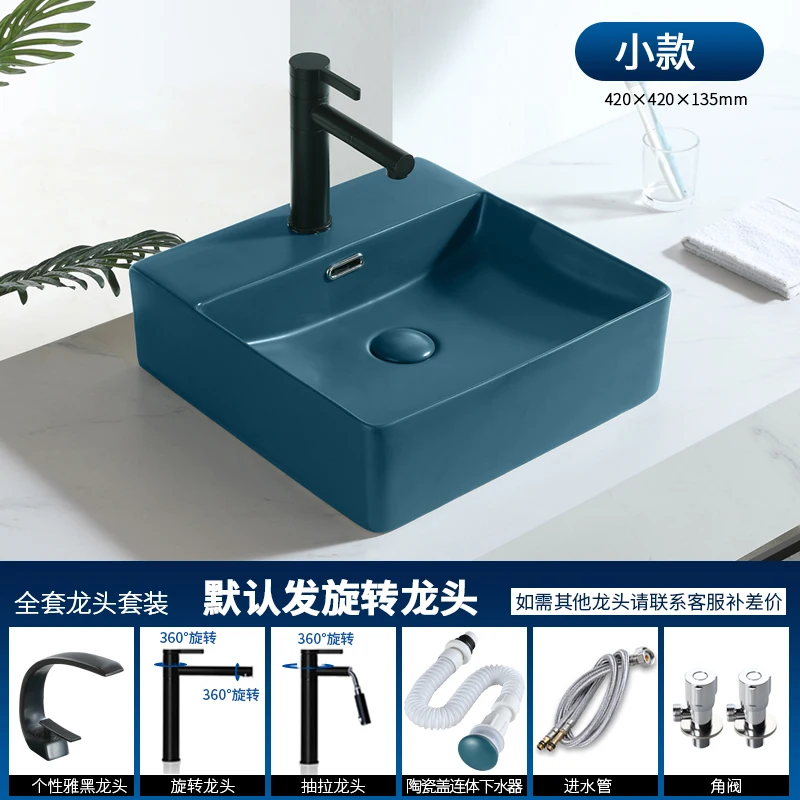 Nordic Dark Green Matte Square Countertop Ceramic Wash Basin Bathroom Sink Vessel Single Bowl Black Kitchen Faucet Обустройство