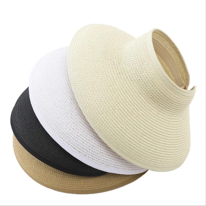 

2021 Collapsible Summer Women Straw Hat Shade Solid Color Sun Protection Outdoor Empty Top Hat Beach Hat