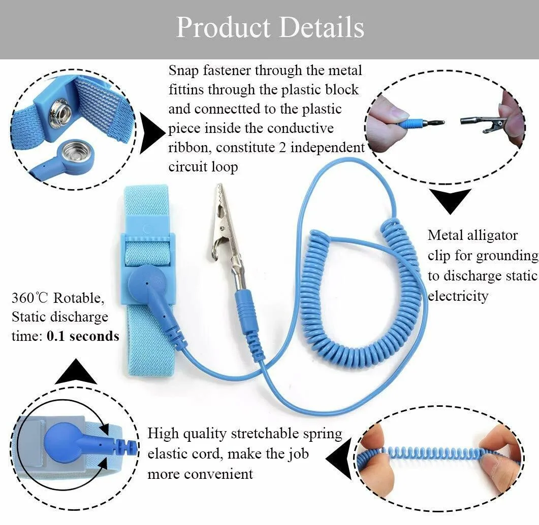 

1Pcs Adjustable Blue Anti Static Wrist Strap ESD Strap With Grounding Wire Alligator Clip 180cm