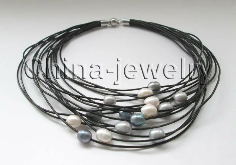 

17" 15rows 11-13mm white black gray baroque freshwater pearl necklace