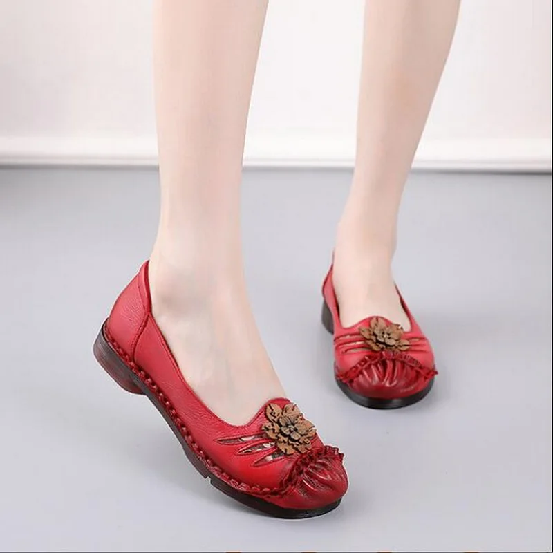 2021 Soft Genuine Leather Flat Shoes Women Flats With Flowers Ladies Shoes Elegant Comfort Casual OL Office Shoes Women Loafers