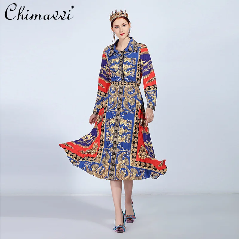 

High-End Suit 2021 Spring Fashionable Printed Full-Sleeved Shirt Top+Vintage High Waist Pleated Skirt Temperament 2 Piece Set