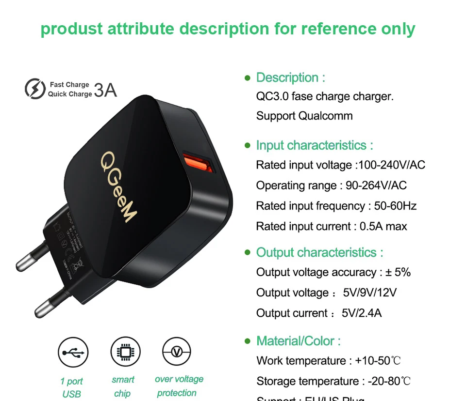 QGEEM QC 3,0 USB зарядное устройство Quick Charge 3,0 зарядное устройство для телефона для iPhone EU US Plug 12 В адаптер быстрое зарядное устройство для huawei samsung Xiaomi