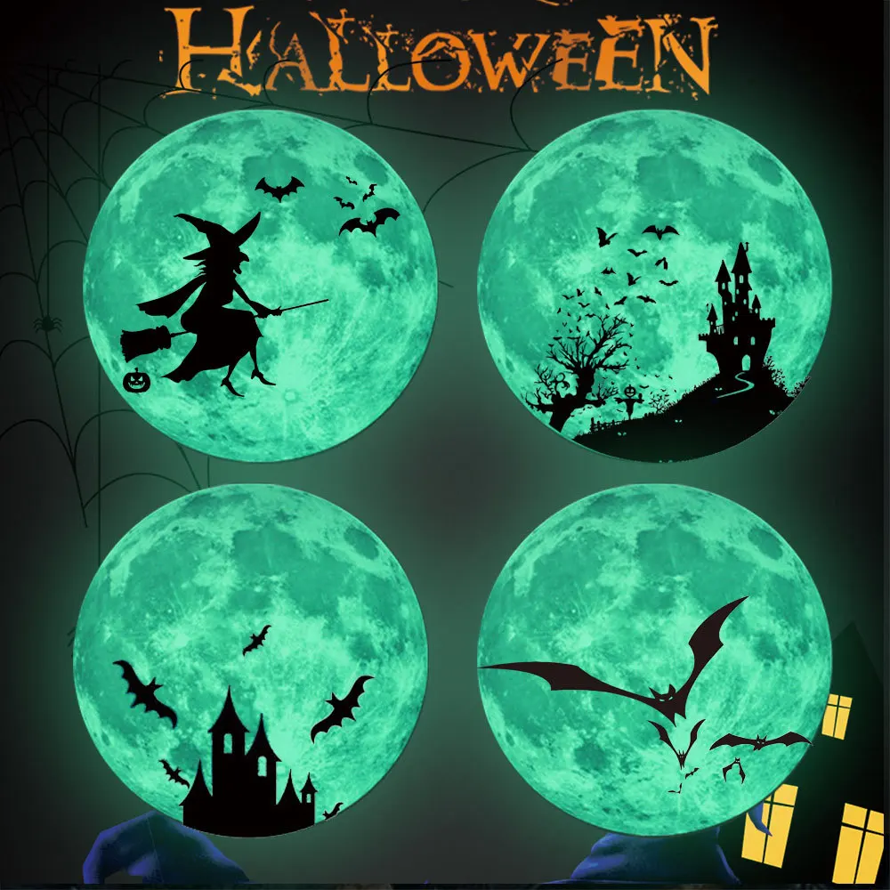 

Halloween Decoration Bat Witch Moon Castle Glowing Stickers Glow In The Dark Sticker Home Bedroom Living Room Wall Decor