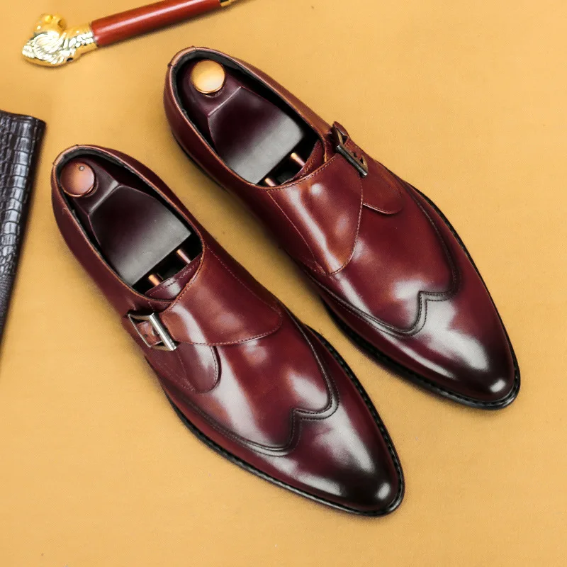 

Men's Formal Leather Shoes Men's Leather Casual Breathable Monk Shoes Pointed Toe British Handmade Men's Shoes KV032