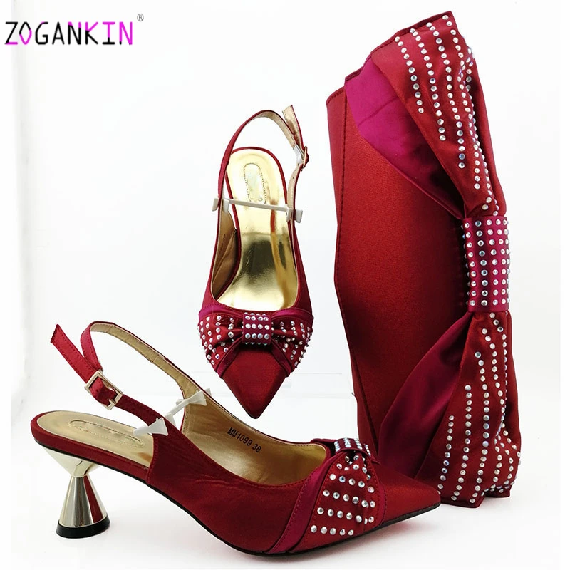 

2019 Wine Color Nigerian Design Shoes and Bags To Match Set Italian Women Wedding Shoes and Bags Sets with Applique