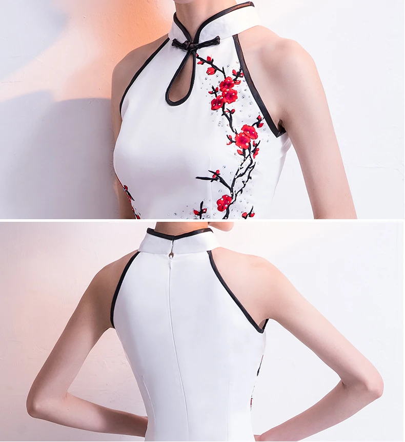 

Long Cheongsam Chinese style Sexy Sleeveless Mandarin Collar white Dress Womens Summer Qipao Slim Party Dresses qipao modern