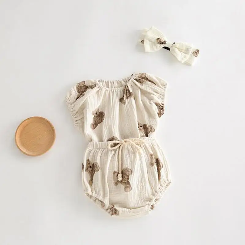 

2021 Summer New Cute Bear Baby Clothes Set For Girl Short Sleeve T Shirt + Pp Pants + Headband 3pcs Kids Boys Clothing Suit