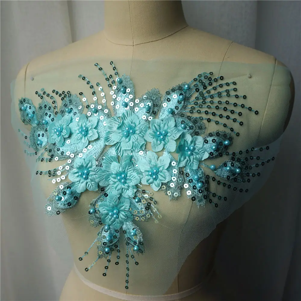 Teal Blue Sequin Tassel 3D Flower Rose Beads Lace Fabric Embroidered Gown Appliques Collar Mesh Sew Patch For Wedding Decoration | Дом и сад