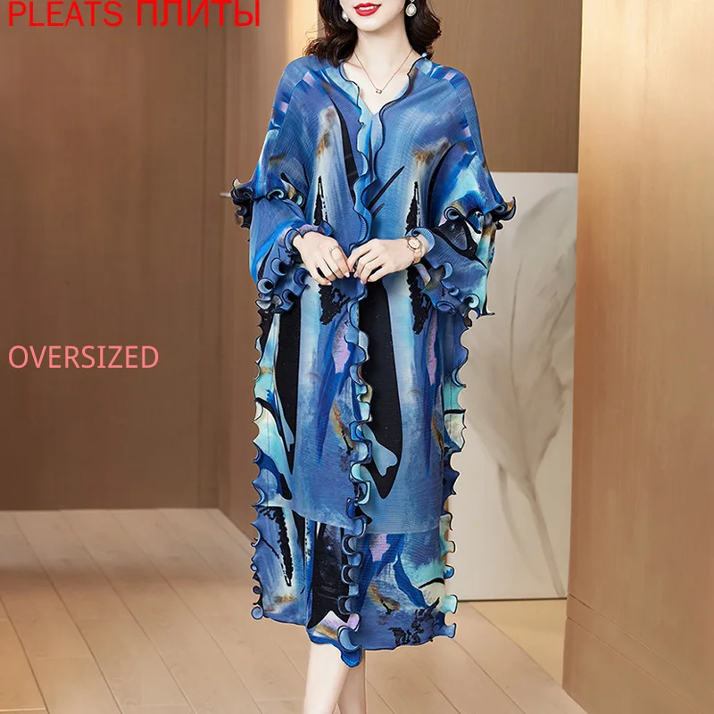 

Miyake Pleated Dress 2021 Spring New Plus Size Printed Loose Dresses Fashion Please Vestido