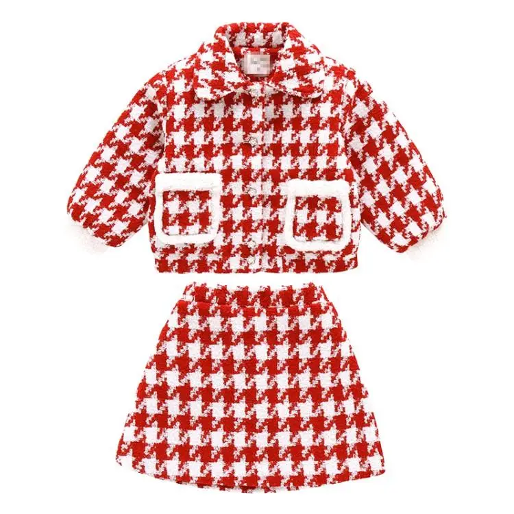 

Hot selling children fashion plaid sets 2021 spring autumn new pink jacket + skirts 2cps suits girls clothing outfit ws1963