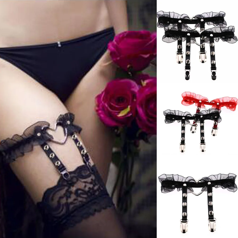 

New Fashion 1 Pc Women Girl Gorgeous Punk Gothic Heart-shape Ring Spikes Elastic Lace Garter Belt Retro Suspender Flower Harness