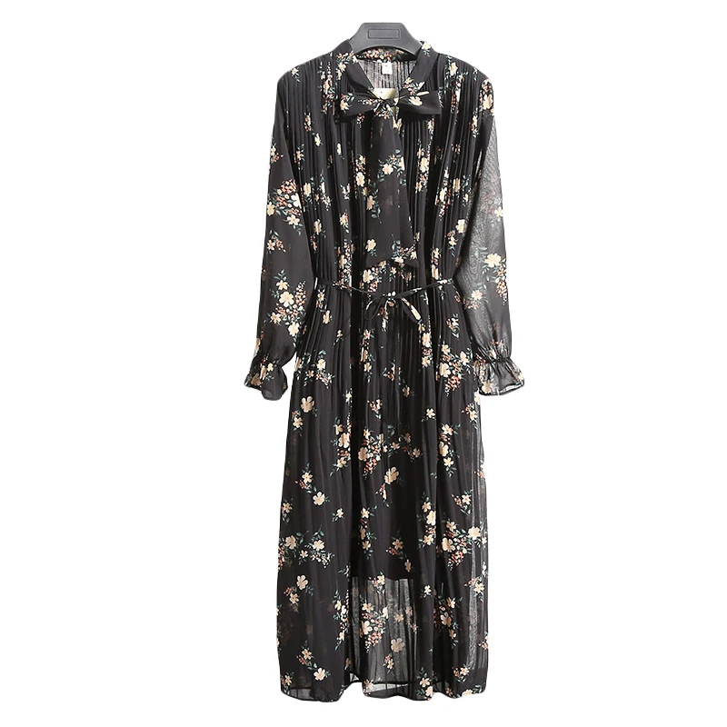 

Women Chiffon Dress 2020 Spring Autumn Female Vintage Long Sleeve Loose Printed Floral A-line Pleated Dresses Casual Vestidos
