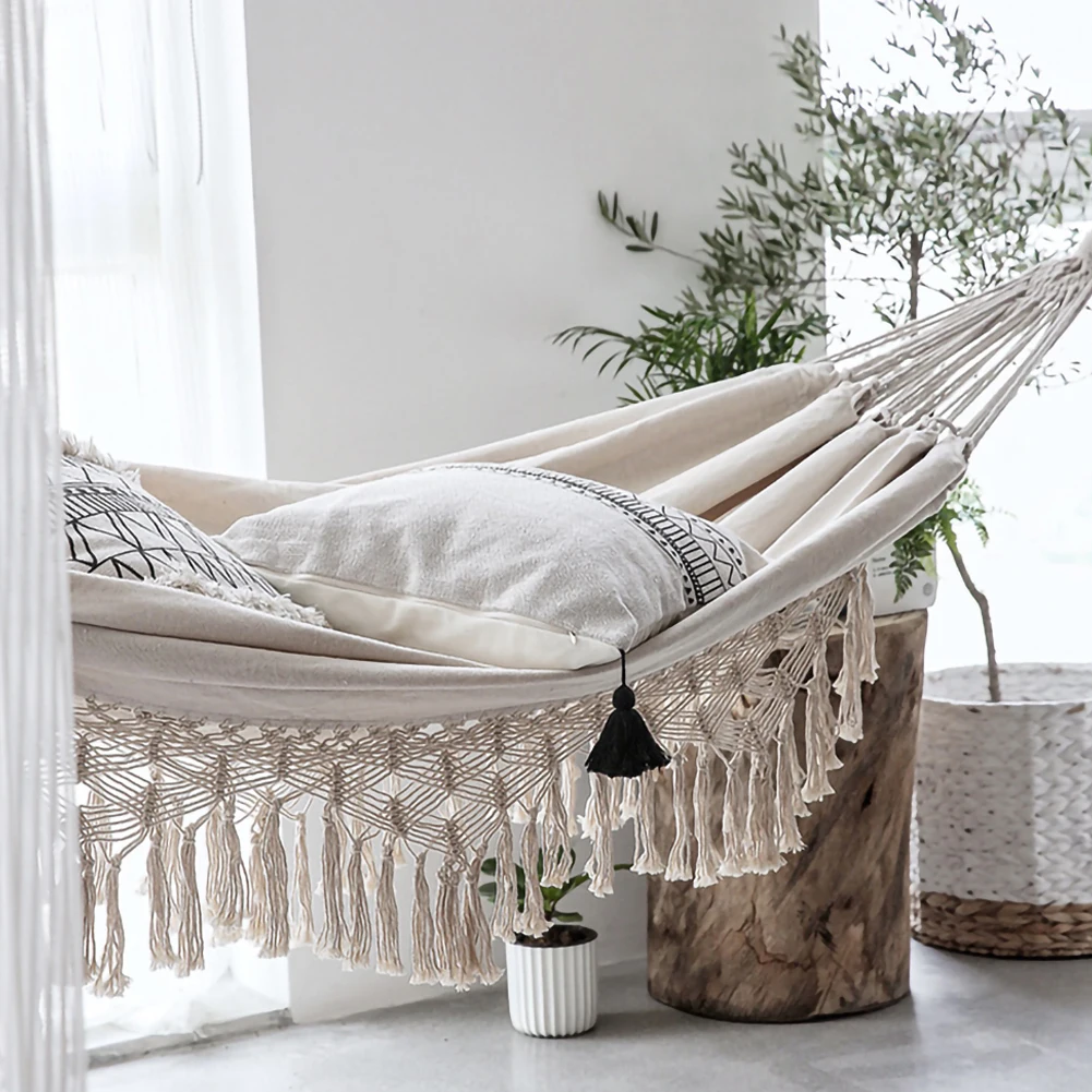 

Large 2 Person Hammock Boho Style Brazilian Macrame Fringed Deluxe Double Hammock Net Chair Indoor Hanging Swing Home Decor