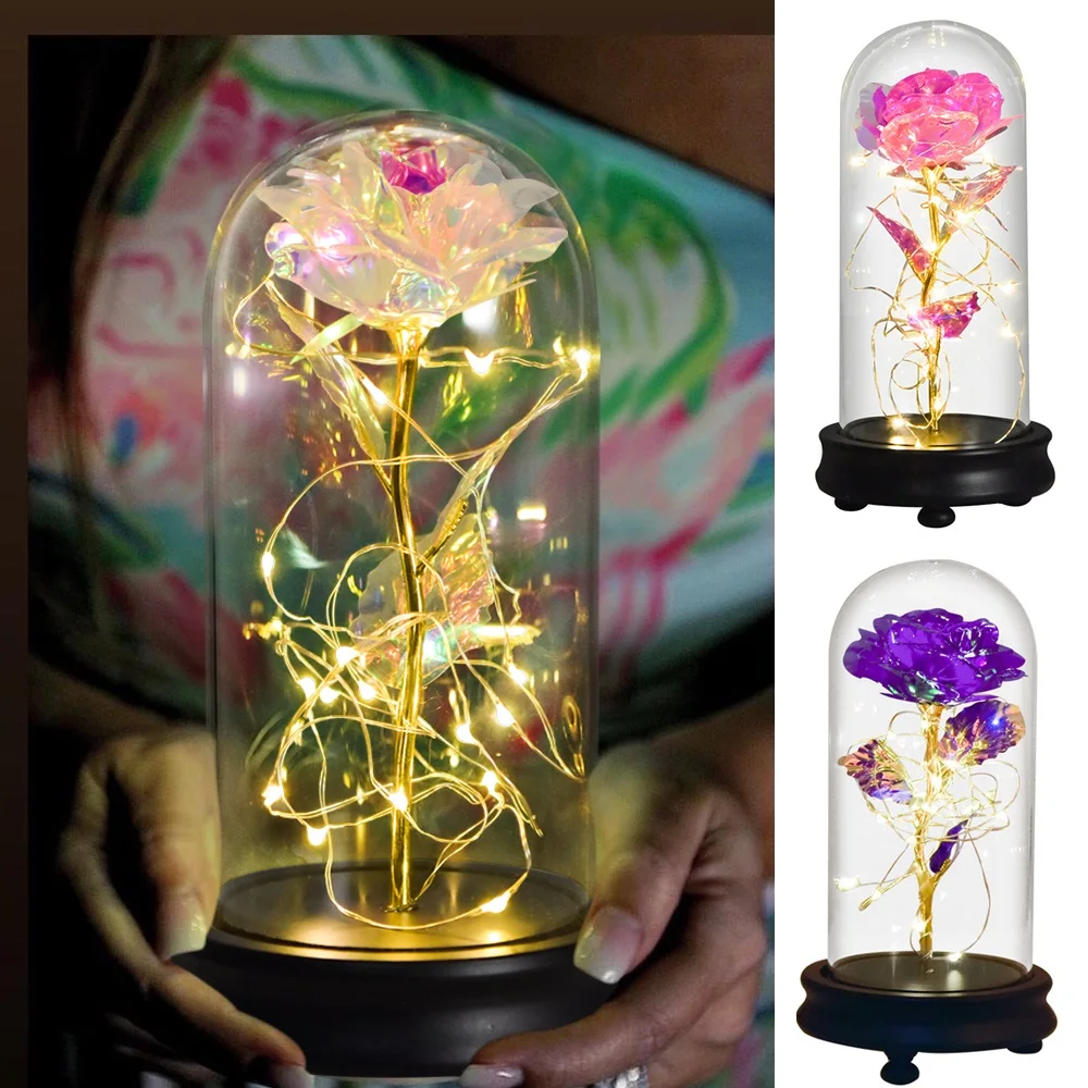 Вечная роза из золотой фольги в стеклянном куполе со светодиодной подсветкой