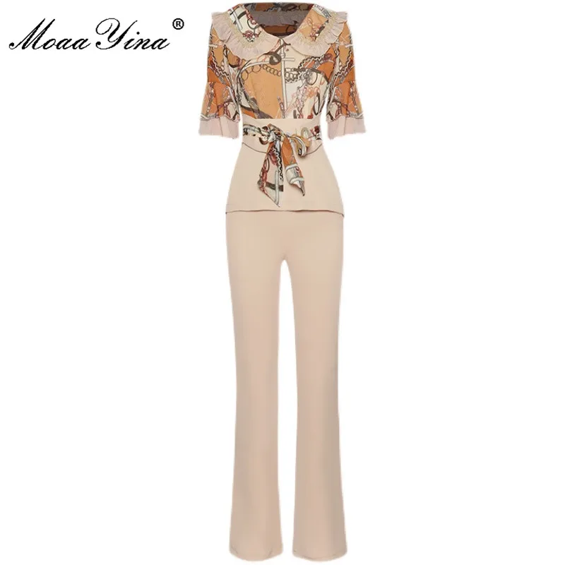 

MoaaYina Fashion Designer Set Summer Dress Women's Slim Short sleeve Peinted Tops and Elastic waist Long Pants Two-piece Suit