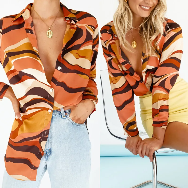 

Women Top Zebra Pattern Shirt Loose Sexy Single-breasted Turn-down Collar Long Sleeve Stripe Lapel Cardigan Ladies Tops Blouses
