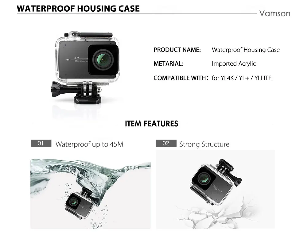 Vamson для Yi 4 k/yi 4k+/yi lite 40m водонепроницаемый чехол Защитный корпус чехол для дайвинга для Xiaomi для Yi 2 4K Спортивная камера 2 VP608K