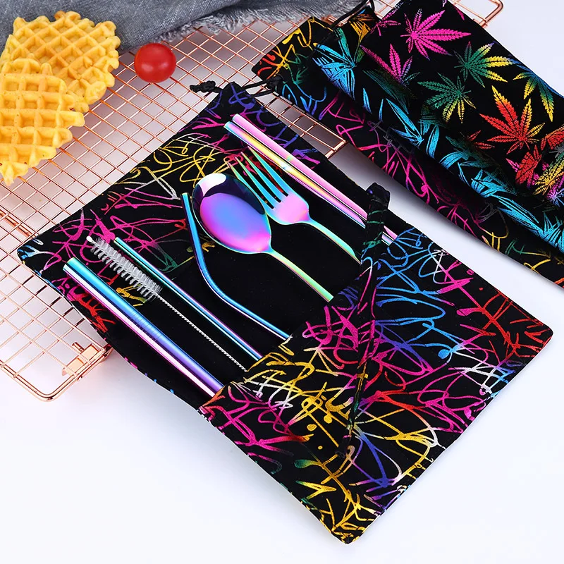 2019new Stainless Steel Cutlery Portable Cutlery Set Chopsticks Spoon Fork Reusable Straw and Portable Dinnerware Bag for Travel