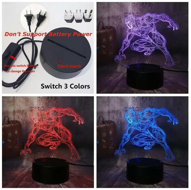 Switch only 3 Color Marvel Черная пантера Мстители Прохладный 3D светодиодный ночной Светильник ребенок Настольная лампа 7 цветов для маленьких мальчиков, детская игрушка, рождественские украшения для дома подарок на день рождения - Испускаемый цвет: Switch only 3 Color