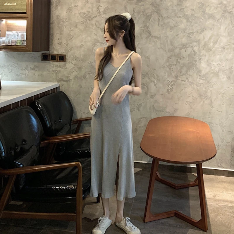 Платье-слинг LUZUZI женское серое черное без рукавов с треугольным вырезом на лето