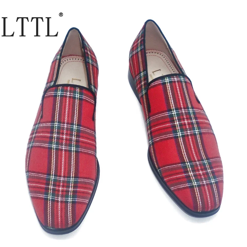LTTL New Fashion British Style Cotton Fabric Plaid Loafers Men Dress Shoes Square Toe Slip On Casual Men's Smoking | Обувь