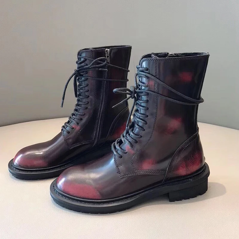 2019 ботильоны из бордовой кожи в стиле ретро ботинки на низком каблуке с круглым