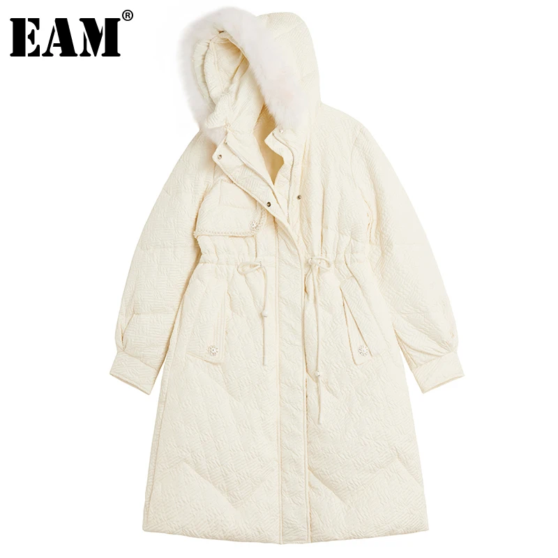 

[EAM] Свободная бежевая пуховая куртка большого размера, новая теплая Женская парка с капюшоном и длинными рукавами, модная осенне-зимняя 2021 ...