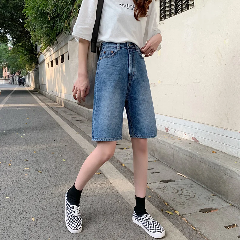 

S-XL Knee Length Denim Shorts Women wide leg High Waist Biker Shorts Jeans Shorts Women Summer 2021 Streetwear (72833