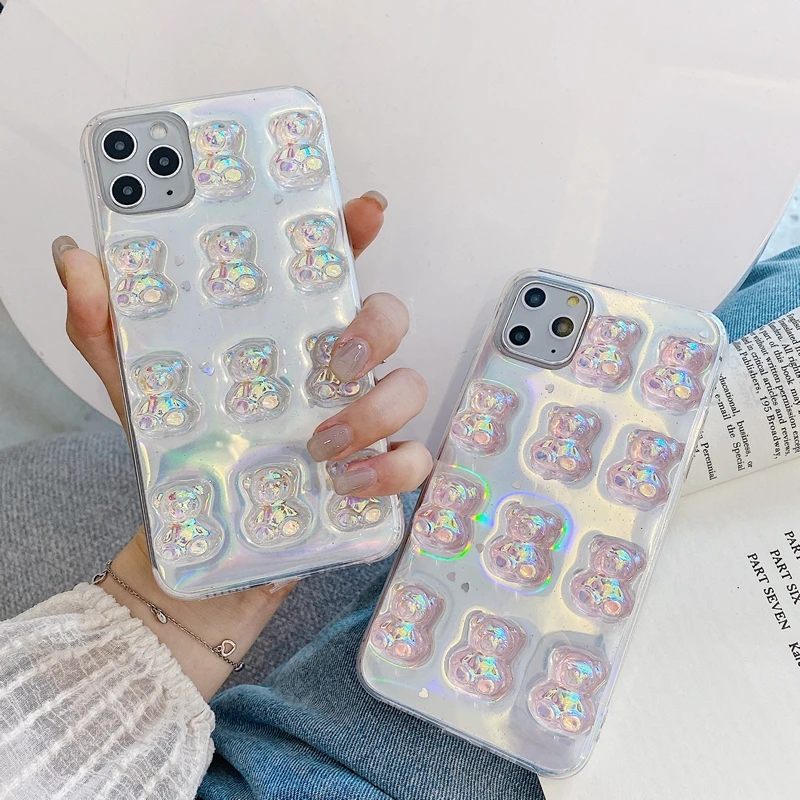 

INS Cute 3D Candy Cartoon Bear Laser Glitter Phone Case For iphone 12 X XR XS 11 Pro MAX 7 8 Plus Soft Transparent Cover